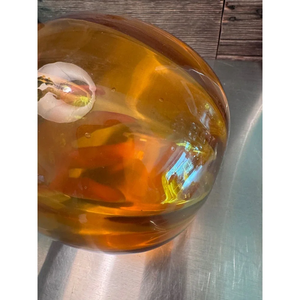 Vintage Blenko Art Glass Pumpkin Amber Topaz Green Stem Hand Blown Fall MCM